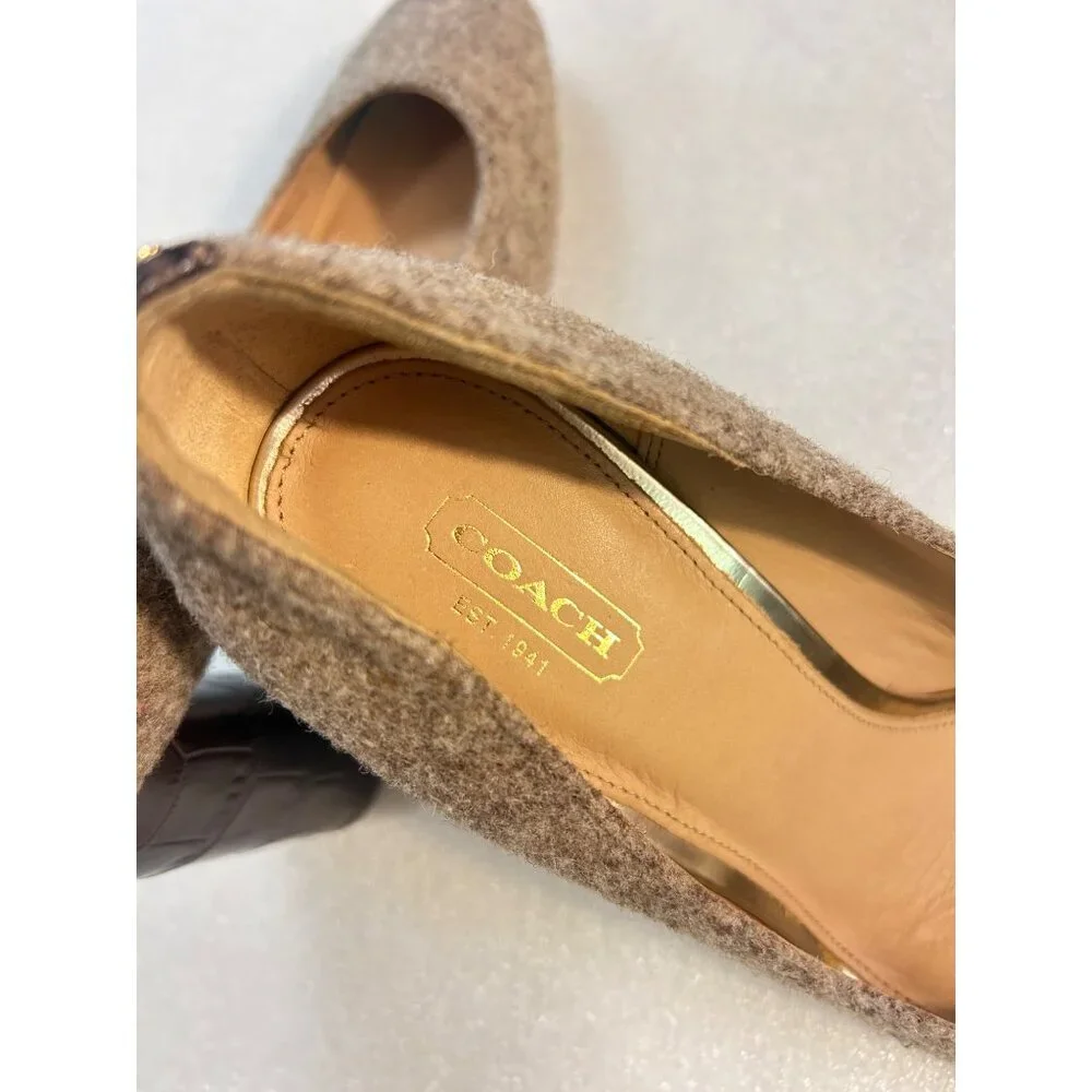 COACH Ophelia Taupe Wool Fabric Brown Leather Croc Embossed Pumps Size 9.5B - Picture 6 of 7